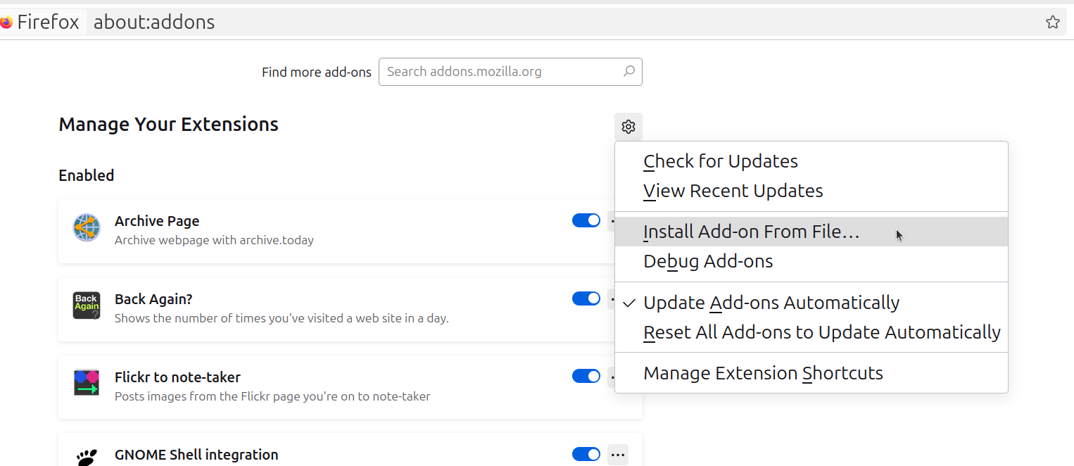 Add-ons configuration page