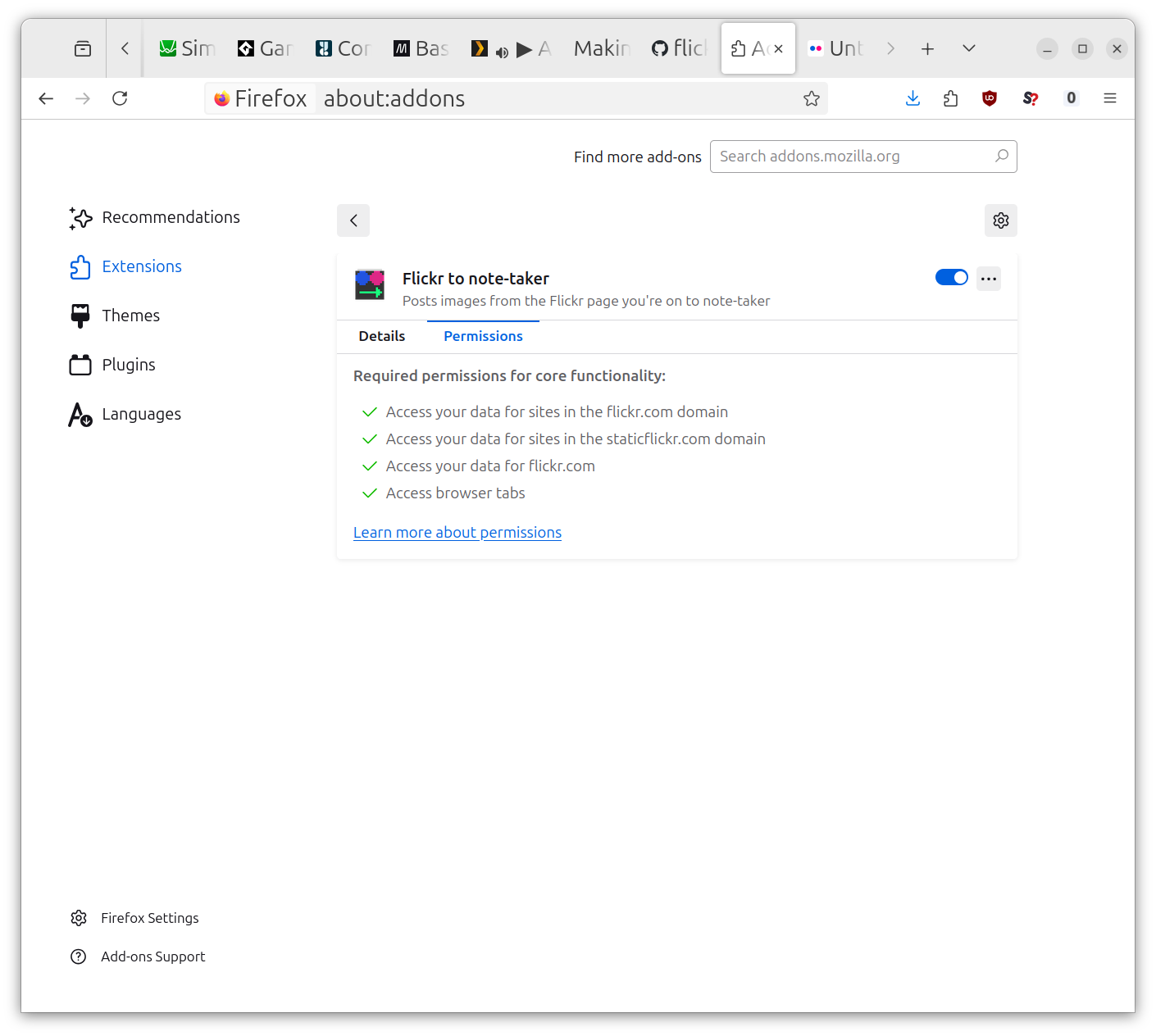 Firefox add-ons config page with Flickr to note-taker selected