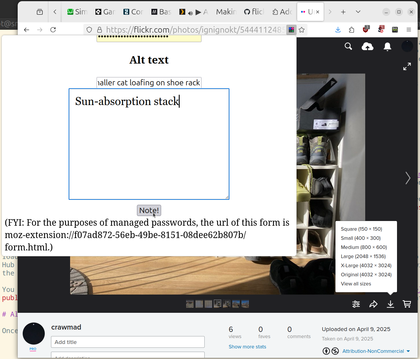 Flickr page with extension popup in front showing text area filled in and mouse pointer over the Note! button