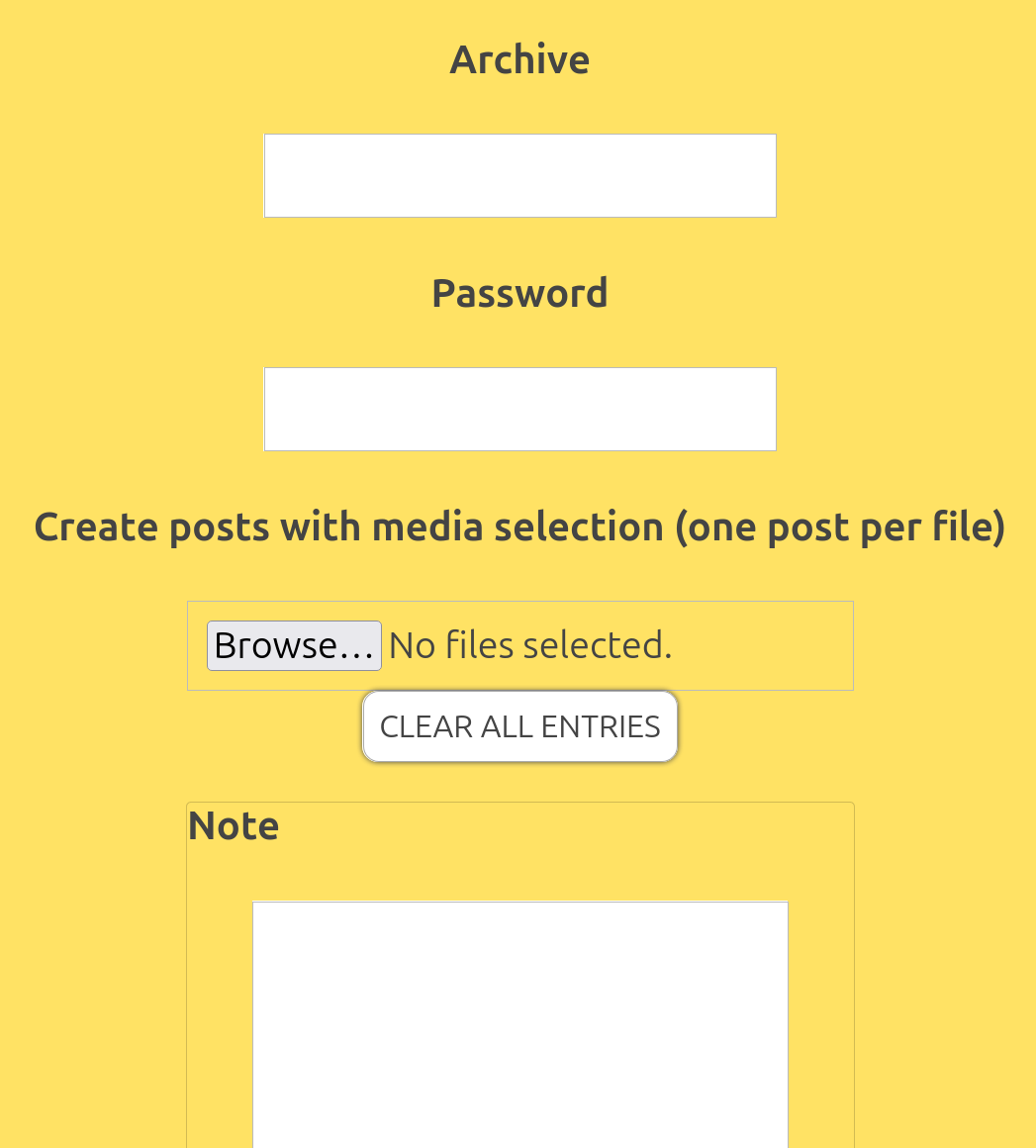 A web page with archive, password, and note text fields and a browse for media button