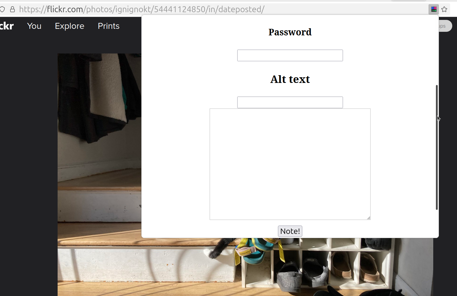 A Flickr photo page with a form showing in a popup extening from the browser url bar.