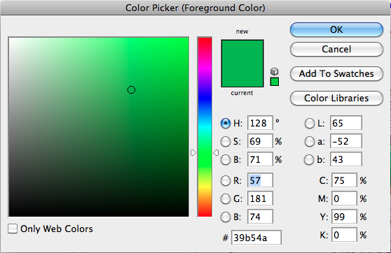 Color picker dialog with HSB values
